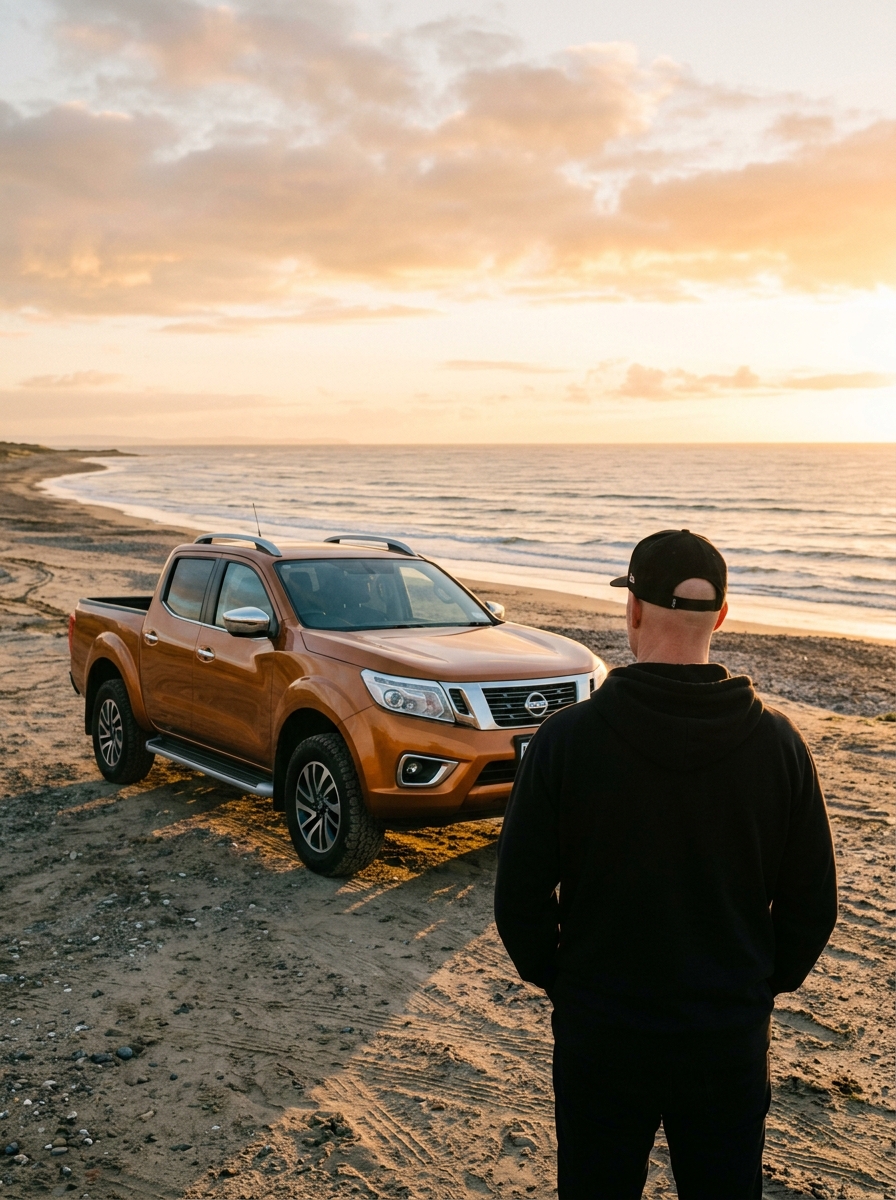 Fotografía editorial - Timoteo de espaldas al amanecer mirando el horizonte junto a su Nissan Frontier